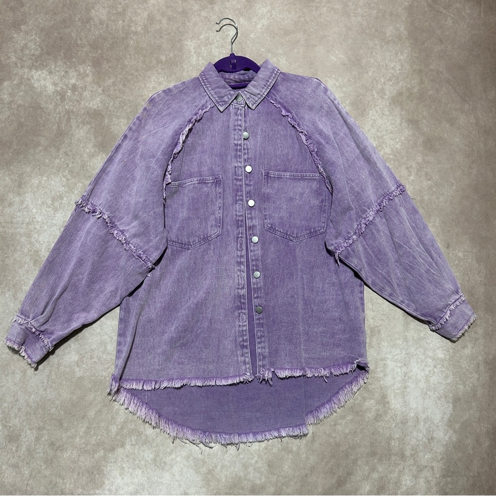 POL Lavender Purple Washed Denim Shacket Star Pattern Frayed Edges Fringe Small